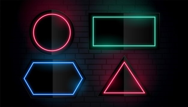 Glowing neon colorful geometric frames design set