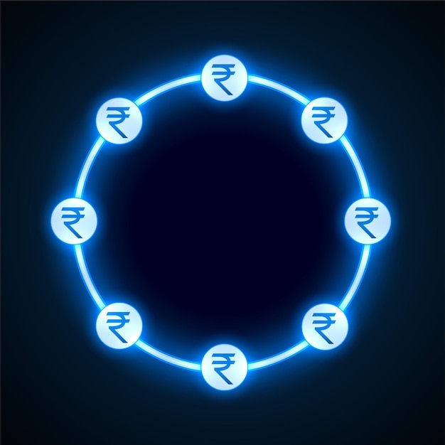 Glowing neon digital rupee money concept frame