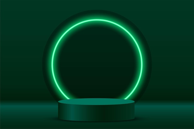 Free vector glowing neon round frame with 3d pedestal stage background for object promotion