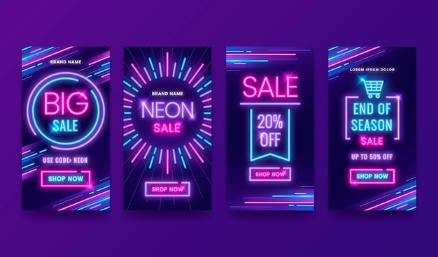 Set di storie instagram di vendita al neon incandescente