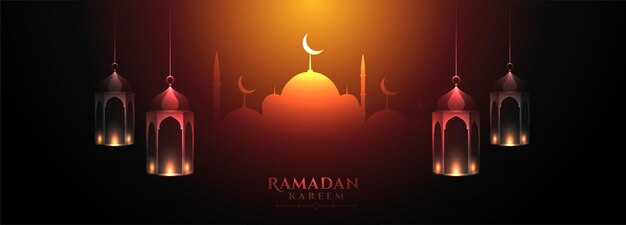 Glowing ramadan kareem arabic greeting banner design