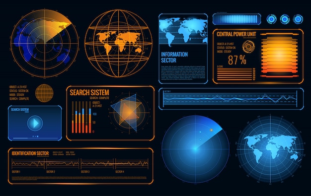 Free vector glowing search radar set of retrieval system control