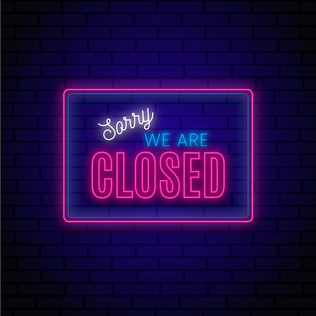 Free vector glowing 'sorry, we're closed' sign