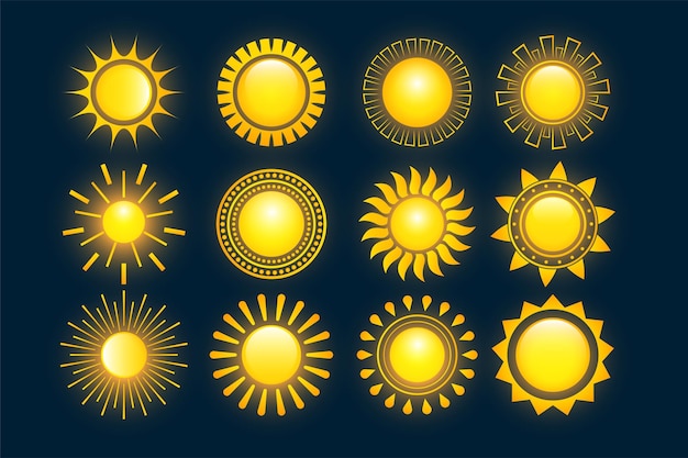 輝く黄色の夏の暑い太陽のコレクションセット12