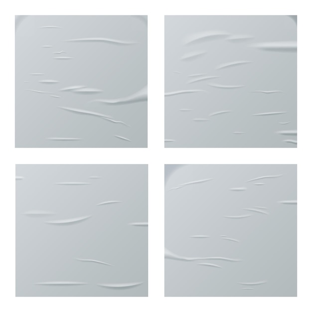 Бесплатное векторное изображение Склеенные белые квадратные бумажные листы, набор реалистичных скомканных плакатов, пачка мокрых смазанных жиром морщин, пустая текстура шаблона, пустой макет рекламной колонки для креативного дизайна