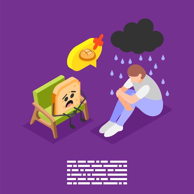 Free vector gluten intolerance isometric background composition with human character under rainy cloud and sad face on bread vector illustration