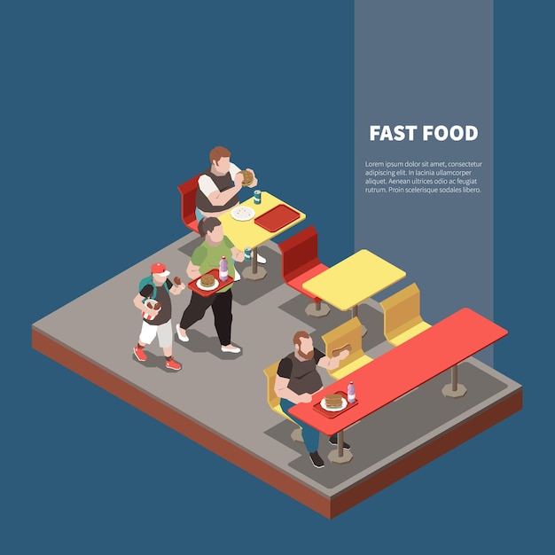 Бесплатное векторное изображение Обжорство изометрической иллюстрации с толстыми людьми в ресторане быстрого питания 3d