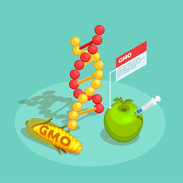 Vettore gratuito composizione isometrica di alimenti ogm su sfondo turchese con molecola di dna, mais geneticamente modificato e illustrazione di mela