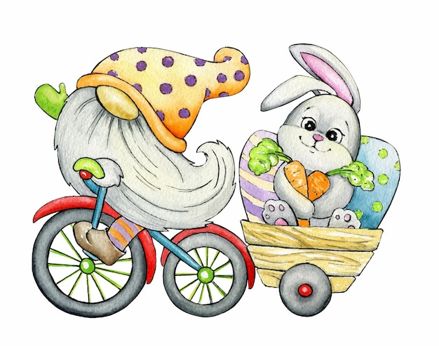 Gnome, bicycle, bunny, easter eggs. watercolor clipart, in cartoon style. Premium Vector