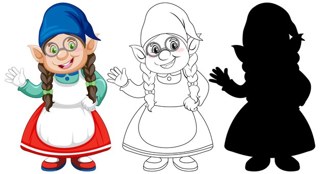 Gnome in color and outline and silhouette in cartoon character on white