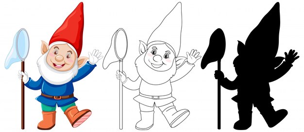 Gnome in color and outline and silhouette in cartoon character