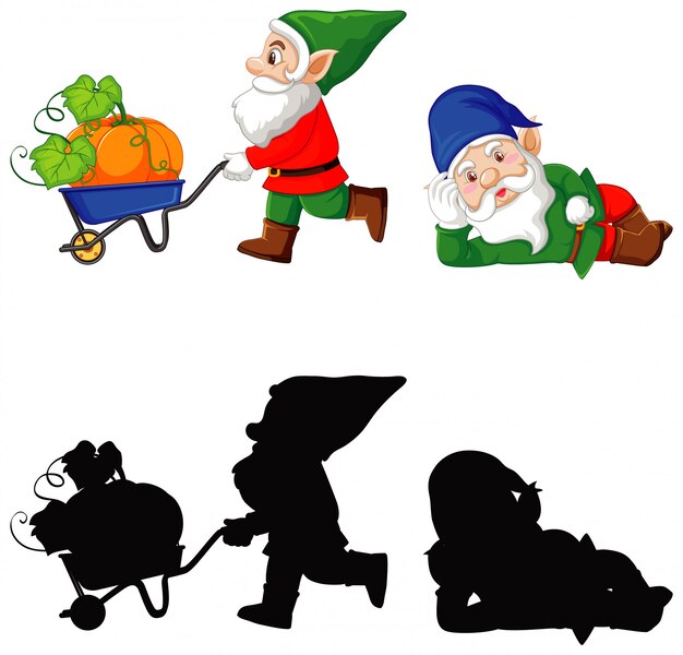 Gnome in color and silhouette in cartoon character on white background