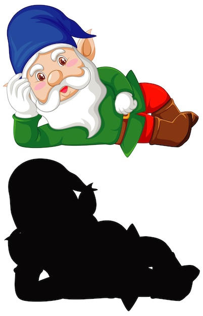 Gnome in color and silhouette in cartoon character on white background
