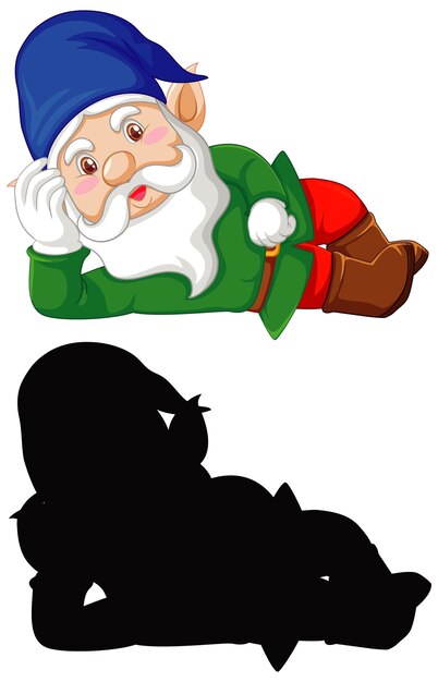 Gnome in color and silhouette in cartoon character on white background