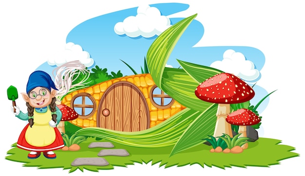 Gnome and corn house with mushroom cartoon style on sky