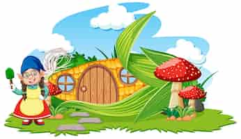 Vettore gratuito gnome e casa di mais con stile cartone animato di funghi sul cielo