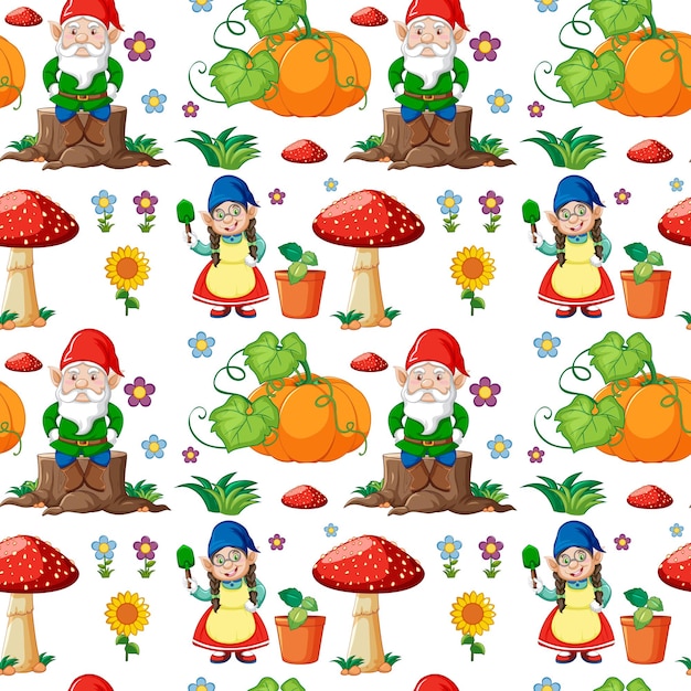 Free vector gnome or dwarf seamless pattern with garden elements