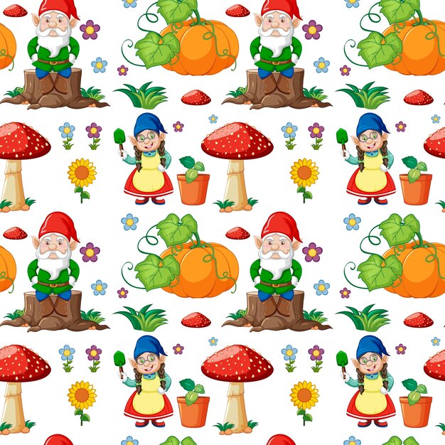 Gnome or dwarf seamless pattern with garden elements