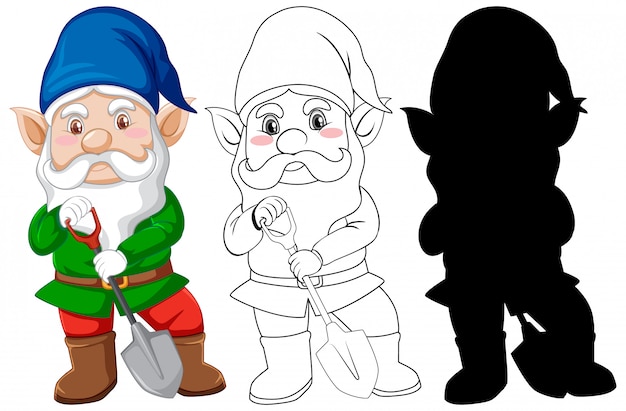 Gnome in gerdener costume in color and outline and silhouette in cartoon character