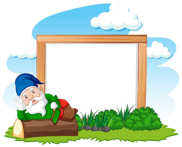 Gnome lying on stump infront of blank banner cartoon style on white background