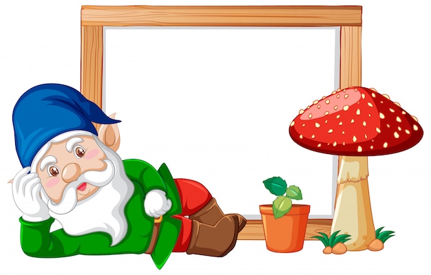 Gnome and mushroom with blank banner on white background