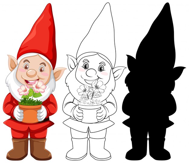 Gnome in santa costume in color and outline and silhouette in cartoon character on white background