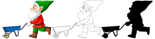 Gnome in santa costume in color and outline and silhouette in cartoon character on white background