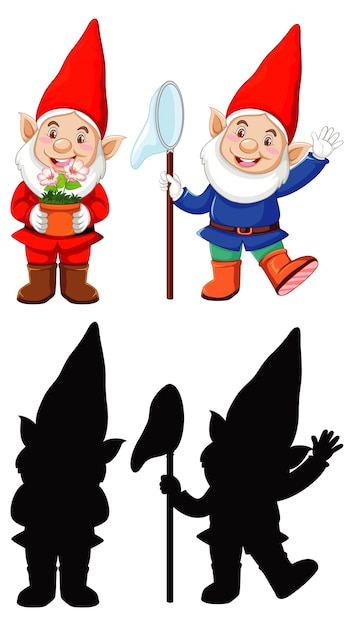 Vettore gratuito gnomo in costume da babbo natale a colori e contorno e silhouette in personaggio dei cartoni animati su sfondo bianco