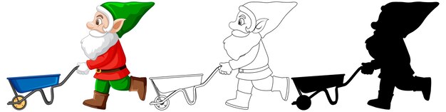 Gnome in santa costume in color and outline and silhouette in cartoon character on white