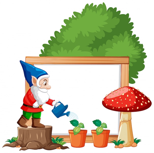 Free vector gnome watering plants position infront of blank banner on white background