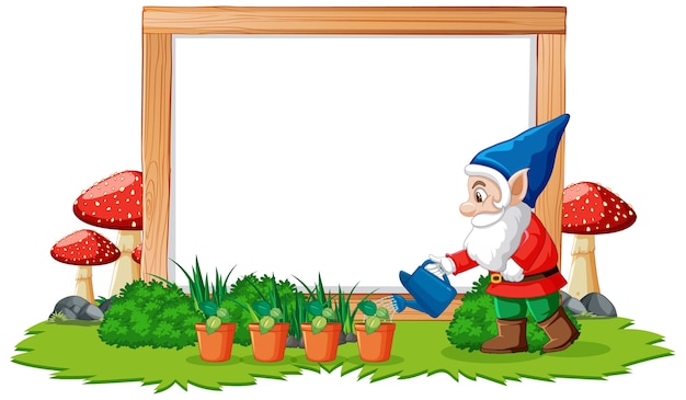 Free vector gnome watering plants position infront of blank banner on white