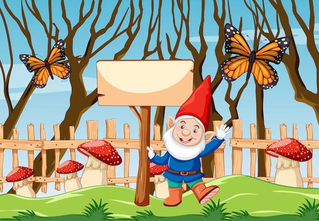 Free vector gnome with blank banner and butterfly in the garden cartoon style scene