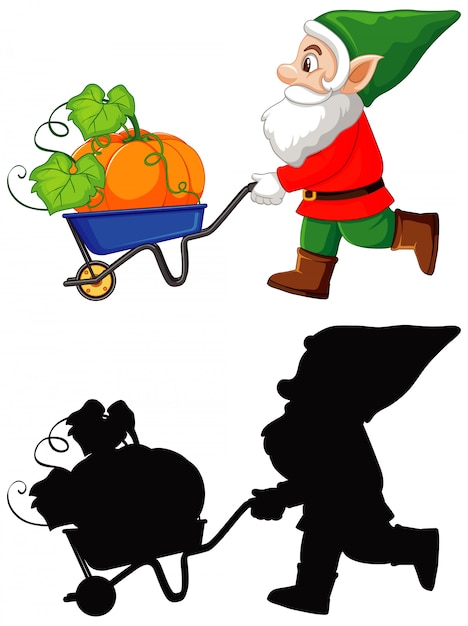 Free vector gnome with pumpkin in cart in color and silhouette in cartoon character on white background