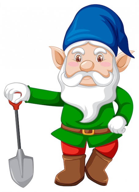 Gnome with shovel in cartoon character on white background