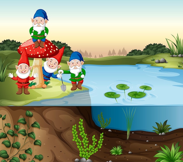 漫画のスタイルで沼の横に立っているノームグループ