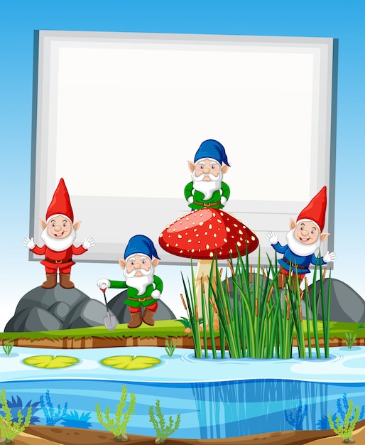 Gnomes group standing beside swamp with blank banner in cartoon style