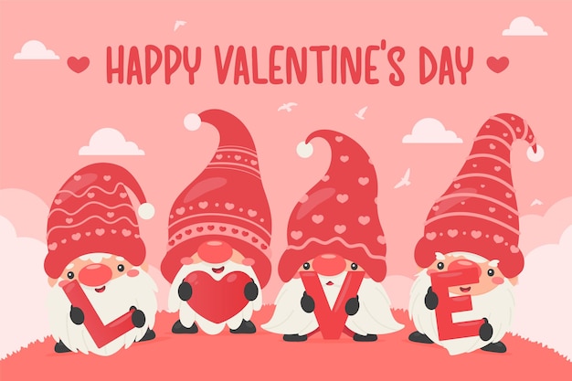 Download Premium Vector Dwarfs Or Gnomes Hold Pink Heart Balloons For Valentine S Day