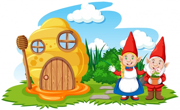 Gnomes and honeycomb house in the garden cartoon style on sky background