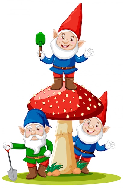 Free vector gnomes and mushroom cartoon character on white background