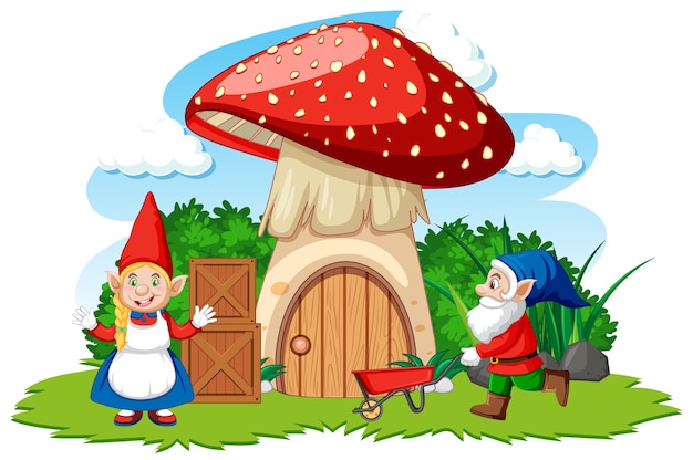Gnomi e casa dei funghi in stile cartone animato su sfondo bianco
