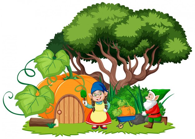 Gnomes and pumpkin house cartoon style on white background