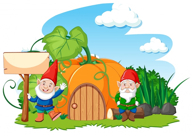 Free vector gnomes and pumpkin house cartoon style on white background