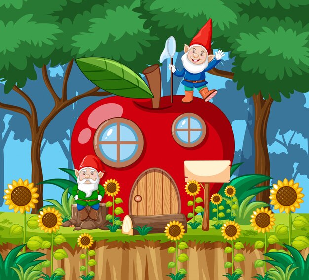 Gnomi e casa di mele rossa in stile cartone animato sullo sfondo della foresta