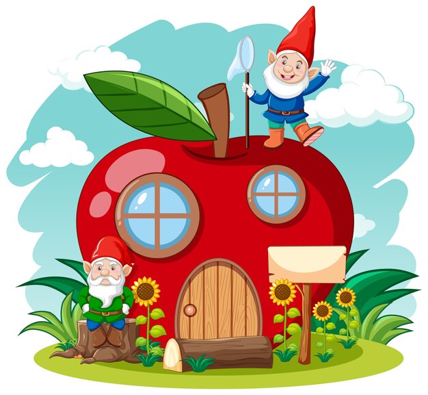 Гномы и красное яблоко дом мультяшном стиле на небе