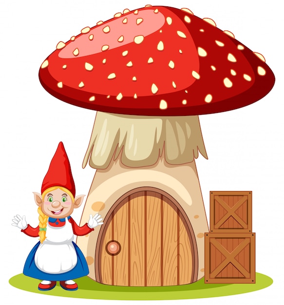 Gnomes standing beside mushroom house cartoon character on white background