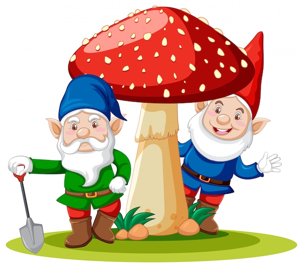 Free vector gnomes standing with mushroom cartoon character on white background