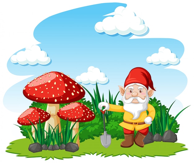 Gnomi che stanno con il personaggio dei cartoni animati del fungo su fondo bianco Vettore gratuito