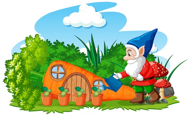 Free vector gnomes watering plant with carrot house cartoon style on white background