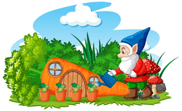 Gnomes watering plant with carrot house cartoon style on white background