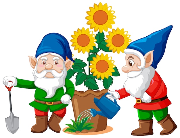 Gnomes with flower pot in cartoon style on white background